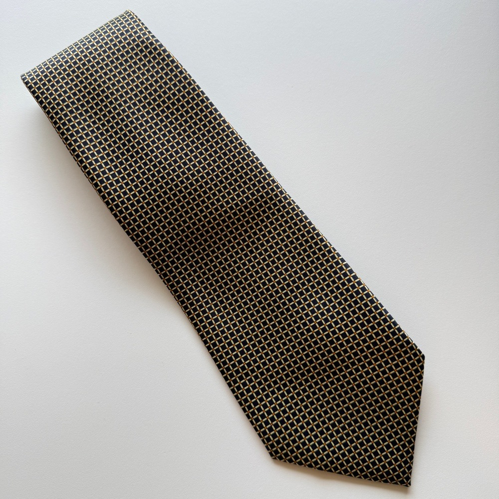 Rene Chagal Mens Silk Tie Navy Blue Gold Orange Grid Geometric Italian Design